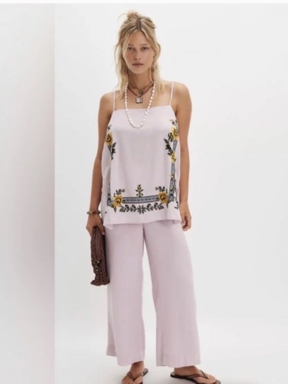 Free People Sightseer Embroidered linen in lilac matching set. Size L